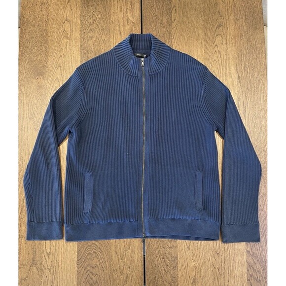 Vince Ribbed Heavyweight Sweater Cardigan Men’s XL Navy Full Zip Hi Neck Pockets